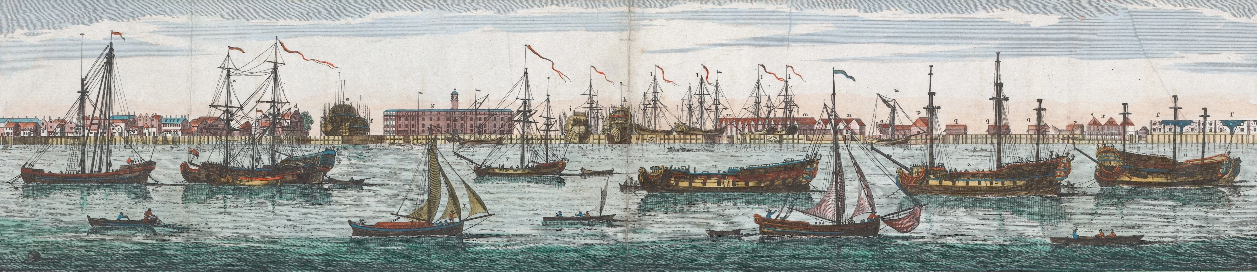 1755 engraving of Deptford Royal Dockyard, viewed from the Thames